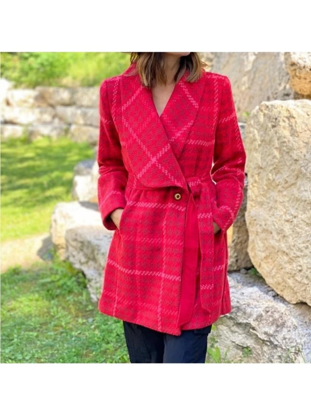 CABI Evita Coat Red Plaid Sz M #4295 EUC